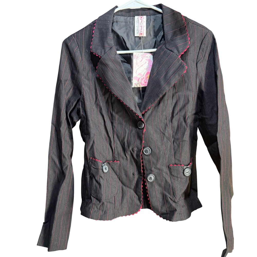 Heart Soul Blazer Womens Large Black Pink Pinstripe Scallop Trim Jacket 7813VH04